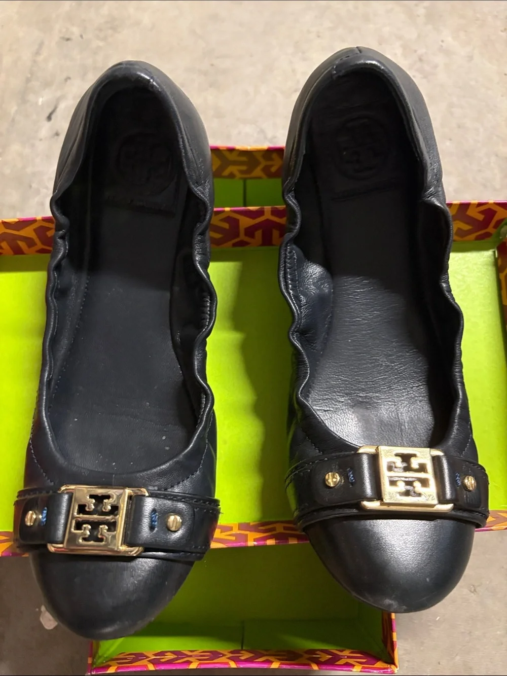 Tory Burch Black Leather Logo Buckle Ballet Flats